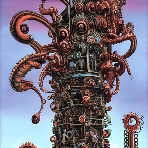 Image similar to lovecraftian biomechanical machine-tower with fleshy tendrils and eyeball at top overlooking dystopian wasteland, highly detailed, colorful with red hues