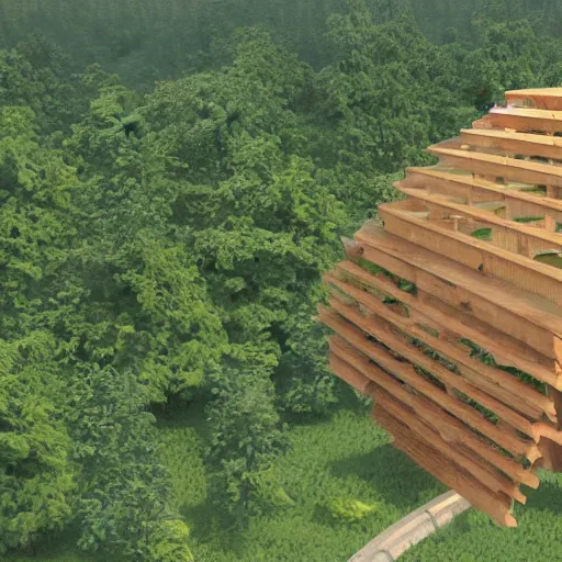 Prompt: timber megastructure in the middle of the jungle, concept art