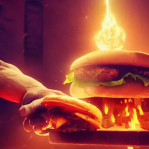 Image similar to fat trailer trash man reaches apotheosis while consuming the sacred hamburger at a mystical BBQ ritual, volumetric lighting, hyperrealistic, top rated fantasy concept art, octane render, 8K HD