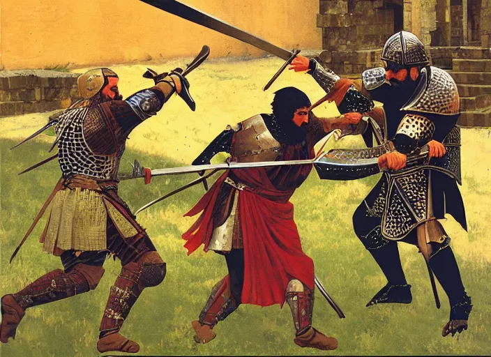 Image similar to dynamic combat scene between a Byzantine medieval warrior and a Turkish medieval warrior, by Angus McBride.