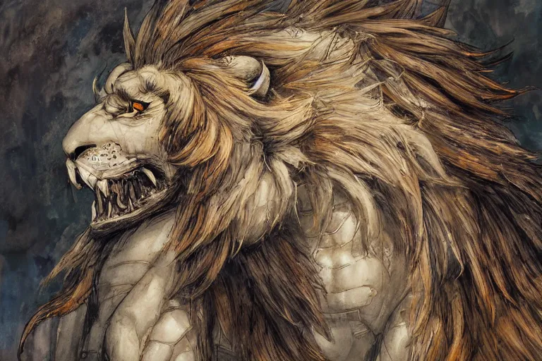 Image similar to 8k Yoshitaka Amano painting of upper body of a young cool looking lion beast-man at a medieval market at windy day. White mane, Depth of field. He is wearing complex fantasy armors. He has huge paws. Renaissance style lighting.