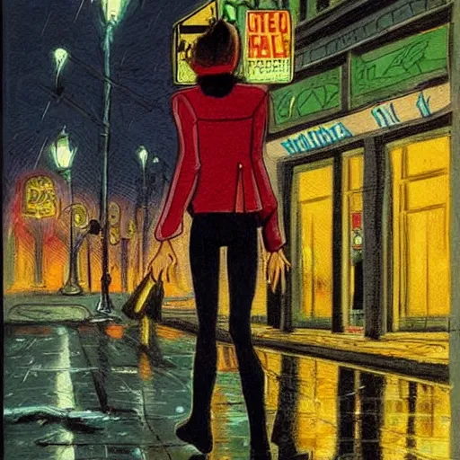 Image similar to girl in leather jacket walking down rainy city street at night, surreal, artwork by Ralph Bakshi