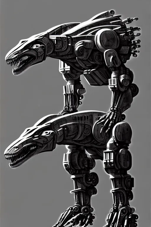 Image similar to trex in a cyborg mech suit, by alexandre ferra, zezhou chen, peter gric, mohamed reda and hr giger, hyper detailed, screen print, character concept art, hyperrealism, coherent, cgsociety, zbrush central, behance hd, hypermaximalist