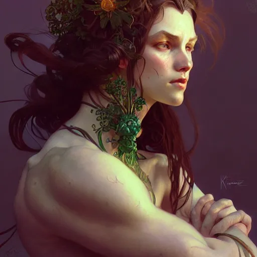 Prompt: Portrait of Geen Men, druid, fantasy, intricate, elegant, highly detailed, digital painting, artstation, concept art, smooth, sharp focus, illustration, art by Krenz Cushart and Artem Demura and alphonse mucha