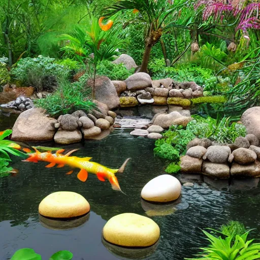 Image similar to popcorn boulders in a jungle landscape, gum drop koi pond