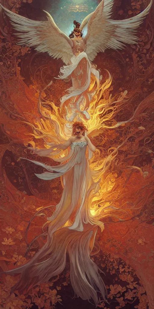 Prompt: a rising phoenix surrounded by spirit waves while rising from a chasm with flowers blossoming, fantasy, intricate, elegant, highly detailed, digital painting, artstation, concept art, smooth, sharp focus, illustration, art by Fernanda Suarez and Artem Demura and alphonse mucha