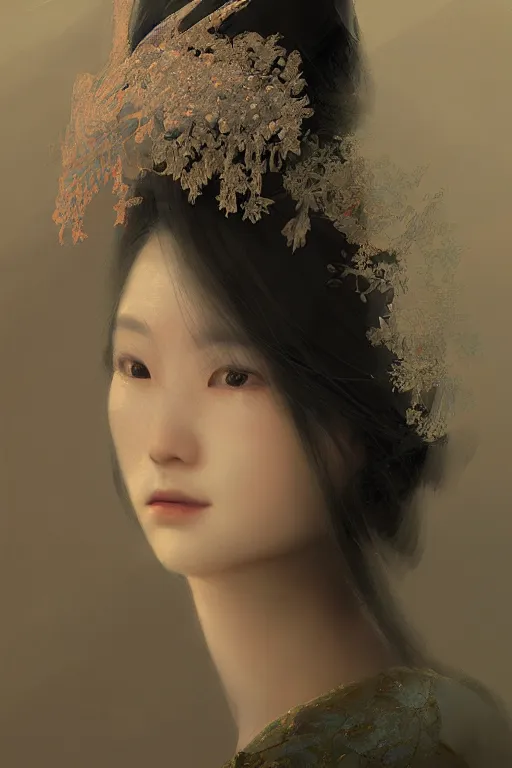 Image similar to Japanese princess, gorgeous, close-up portrait, intricate, elegant, volumetric lighting, scenery, digital painting, highly detailed, artstation, sharp focus, illustration, concept art, ruan jia, steve mccurry