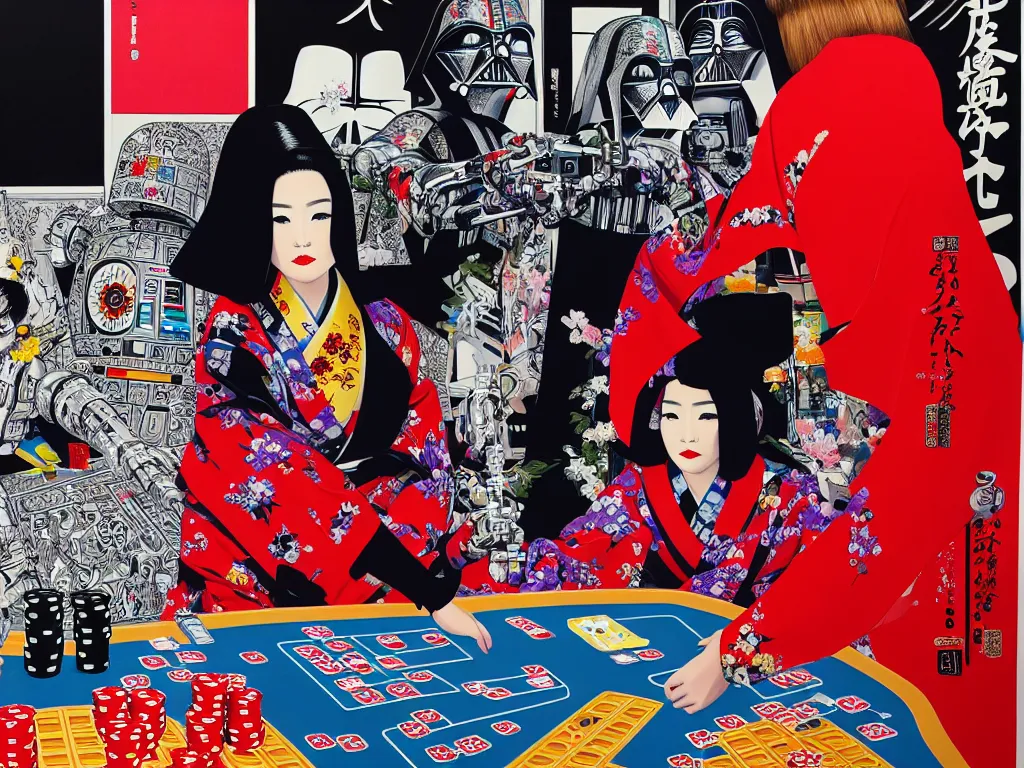 Prompt: hyperrealistic composition of the detailed woman in a japanese kimono with the ( ( c 3 p 0 ) ) robot head sitting at a extremely detailed poker table with darth vader, fireworks, mountain fuji on the background, pop - art style, jacky tsai style, andy warhol style, acrylic on canvas