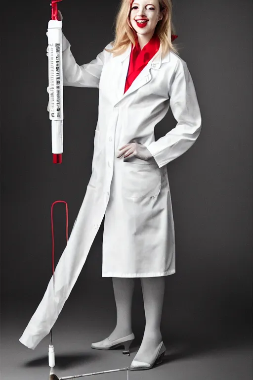 Prompt: elizabeth holmes as a psychopath nurse holding a giant syringe needle, cosplay, studio lighting, marvel, villainess, red lace lingerie under a white lab coat, evil grin, photograph by bruce weber