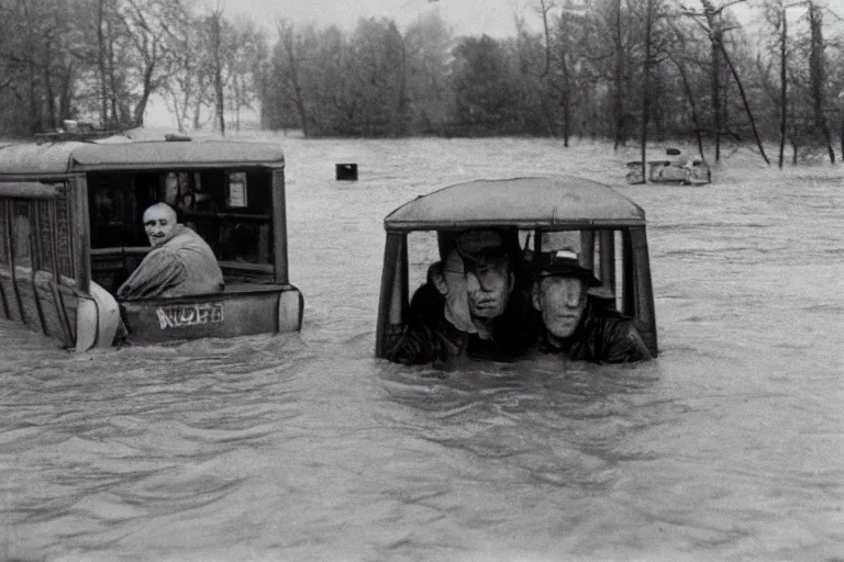 Image similar to Almost completely flooded metro wagon. Photo from inside the wagon, in the center of the frame stands one calm man up to his chest in water and looks at the camera. Warm lighting, old color photo, USSR, extremely detailed, 8k, vintage color