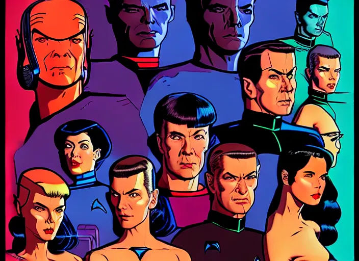 Image similar to cyberpunk star trek tos crew. portrait by stonehouse and mœbius and will eisner and gil elvgren and pixar. character design. realistic proportions. star trek 1 9 7 7 character art, blade runner 2 0 4 9 concept art. cell shading. attractive face. thick lines. the team. diverse characters. artstation.