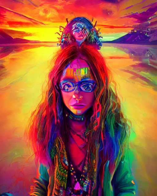 Image similar to colorful detailed portrait of a hippie, set in the future 2 1 5 0 | highly detailed | very intricate | symmetrical | professional model | cinematic lighting | award - winning | painted by mandy jurgens | pan futurism, dystopian, bold colors, cyberpunk, groovy vibe, anime aesthestic | featured on artstation