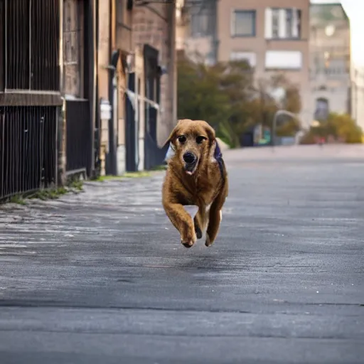 Image similar to high quality photo of a bipedal dog walking down the street, artistic