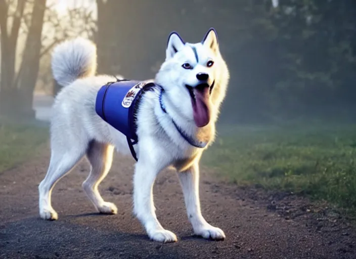 Image similar to film still of an anthropomorphic white vested husky!!!!!! in a white vest wearing a white vest!!!!! in the new sci - fi movie, 8 k