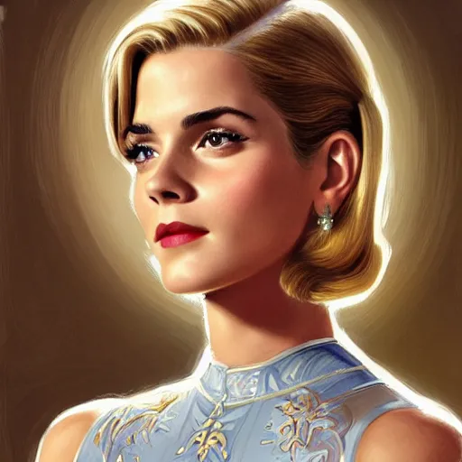 Image similar to A combination of Grace Kelly's and Emma Watson's and Ashley Greene's appearances with blonde hair wearing Master Chief's armor, full body portrait, western, D&D, fantasy, intricate, elegant, highly detailed, digital painting, artstation, concept art, matte, sharp focus, illustration, art by Donato Giancola and James Gurney