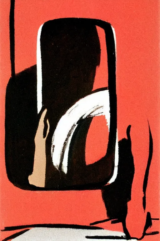 Image similar to man looking at his reflection in the mirror, 1960’s minimalist advertising illustration, painterly, expressive brush strokes