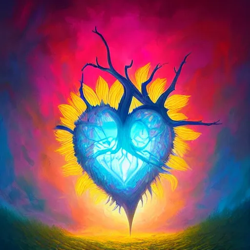 Image similar to a beautiful acrylic painting by andreas rocha and Anato Finnstark of a heart bursting out of a rib-cage and turning into rainbows and sunflowers, neon pastel color palette, soft feminine elegant