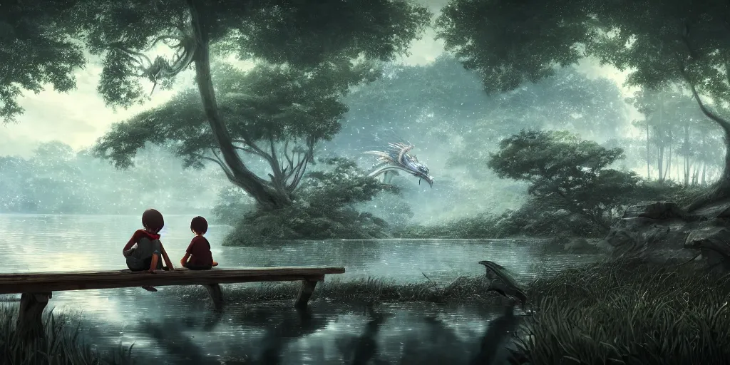 Image similar to a silver dragon and a boy sitting next to lake in forest, many fireflys, at night, concept art, dof, cryengine, digital art, detailed background, makoto shinkai