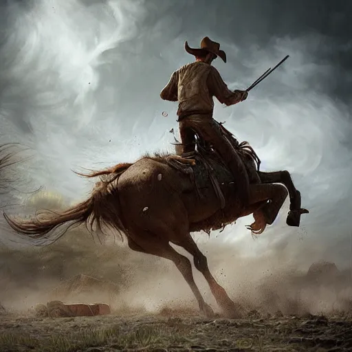 Image similar to a last stand of a cowboy, DeviantArt, art station, illustration, highly detailed, artwork, cinematic, hyper realistic