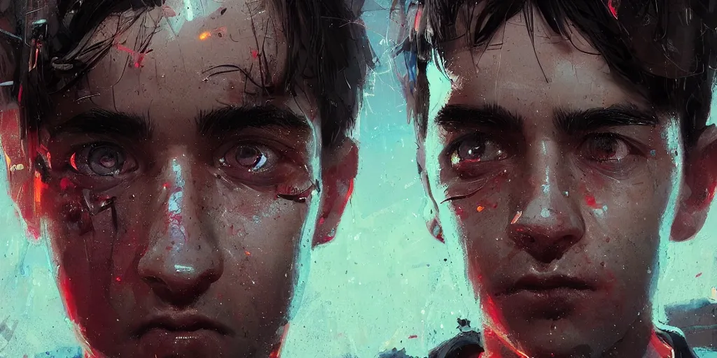 Image similar to extreme closeup on the beautiful eyes of a neon guard boy with short dark hair in front of a crowd with piles of garbage by Ismail inceoglu dragan bibin hans thoma, Perfect face, fine details, realistic shaded, fine-face, pretty face