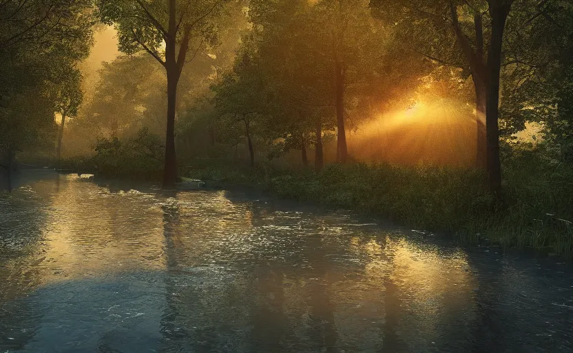 Image similar to a river in the middle of a forest at sunrise, vector art, trending on deviantart, highly detailed, high quality, 8 k, soft lighting, bloom, godrays, complementary colors, octane render, unreal engine 5, path traced, beautiful landscape, serene landscape, fancy colors