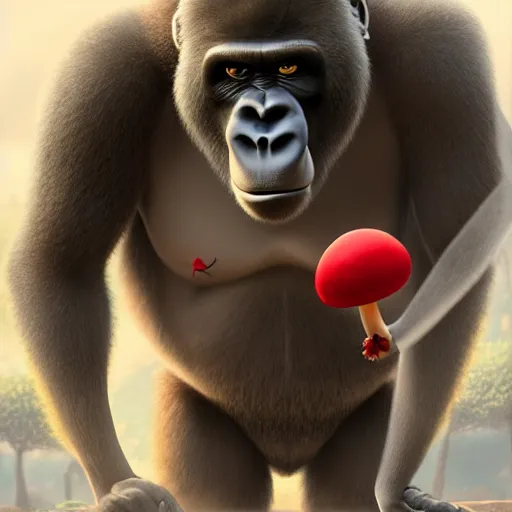 Image similar to a wholesome animation key shot of a gorilla holding a very small red mushroom, chilled out smirk on face, red headphones on head, studio ghibli, pixar and disney animation, sharp, rendered in unreal engine 5, anime key art by greg rutkowski, bloom, dramatic lighting