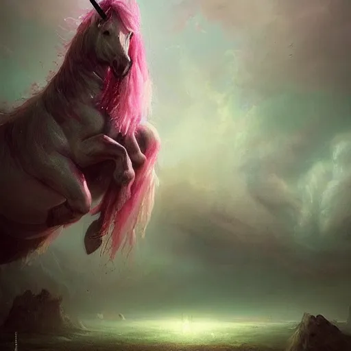 Image similar to Unicorn made of rainbow cotton candy, eerie, emotion, scenery, oil painting, Tooth Wu, Greg Rutkowski, RPG, dynamic lighting, fantasy art, high contrast, depth of field, landscape, scenery