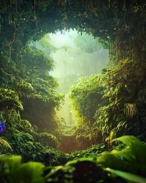 Image similar to beautiful jungle landscape, anonymous head, beautiful vines growing, in the style of beeple and mike winkelmann, intricate, epic lighting, cinematic composition, hyper realistic, 8 k resolution, unreal engine 5, raytracing, reflections, happy colors