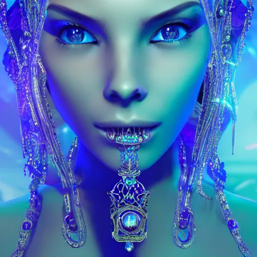 Prompt: photo of princess of sapphire, eyes closed, glowing, ornate and intricate blue jewelry, jaw dropping beauty, glowing background lighting, blue accent lighting, hyper detailed, 4 k octane render