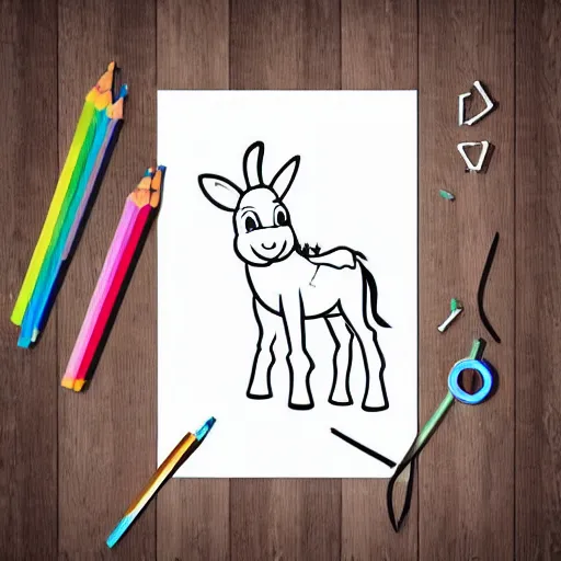 Prompt: cute cheerful a donkey walking, colouring - in sheet, concept design, character art, sharp focus, highly detailed