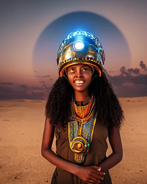 Image similar to centered medium shot fine studio photograph of a young woman wearing only a solarpunk mecha Maasai helmet with bright lights, ultra-realistic, white background, 8k HDR sunset lit, intricate