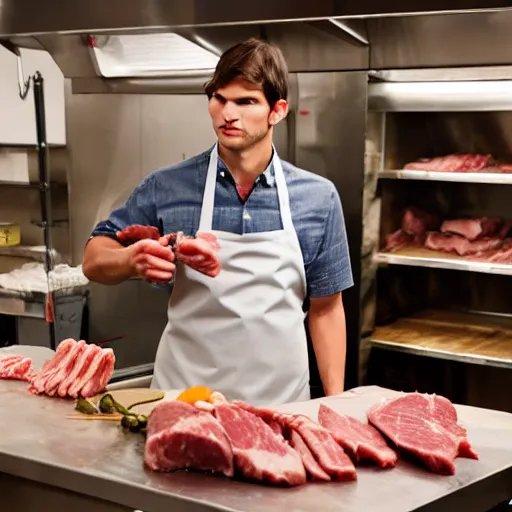 Image similar to ashton kutcher as a butcher wearing a bloody apron with a cleaver in his hand as he chops meat while working in a deli, realistic, hyperrealistic, ultra realistic, real, real world, highly detailed, very detailed, extremely detailed, intricate details, 8 k resolution, hd quality