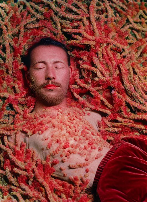 Prompt: realistic photo of a blurred face of a man with his eyes closed, covered in shriveling dead coral reef, emitting aura, laying in a red velvet bed 1 9 6 0, life magazine photo, natural colors, metropolitan museum, kodak, 8 k, very detailed, high resolution, product photo,