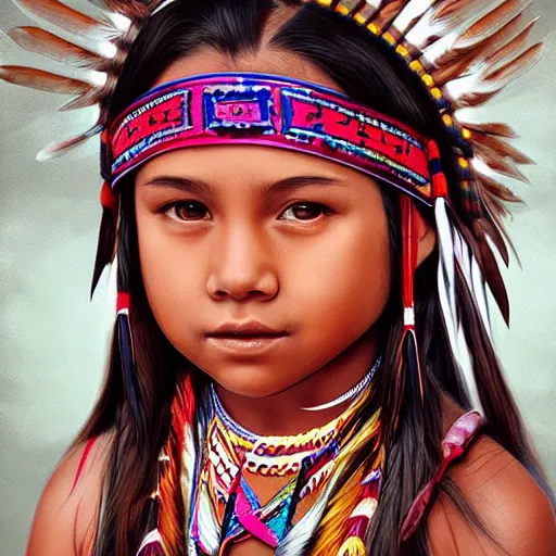 Prompt: portrait of native american 7-year-old girl with head dress in the style of artgerm, wlop, digital art, close-up, insanly detailed