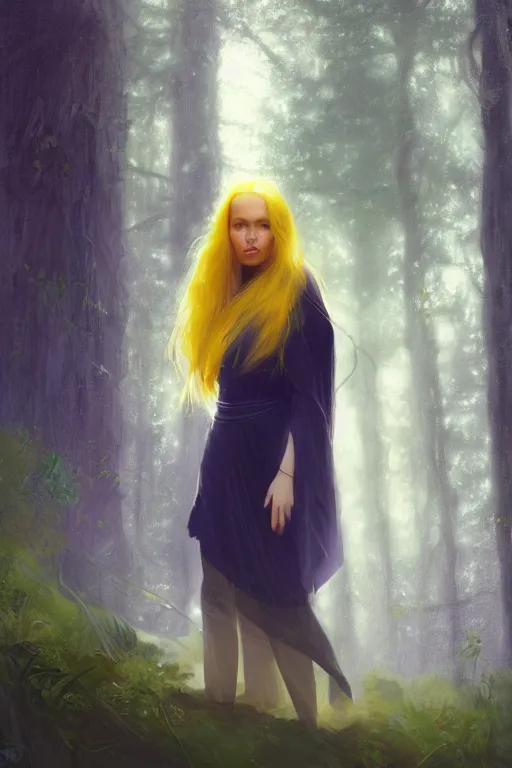 Prompt: digital drawing of wizard woman with long yellow hair standing in a forest by jeremy lipking and greg rutkowski and artgerm rendered in octane, beuatiful lighting, character concept