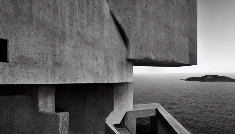 Image similar to brutalist base perched on a cliff overlooking a magnificient bay, drawing architecture, fog horizon, pixar lighting, pritzker architecture prize, greig fraser