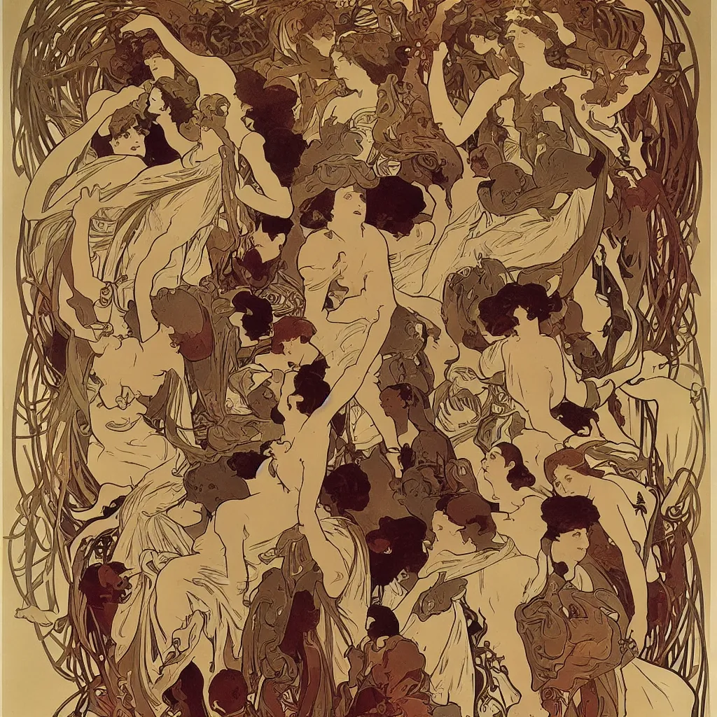 Image similar to too many hands, gnarled, so many hands, fingers, weird amount of hands, by alphonse mucha