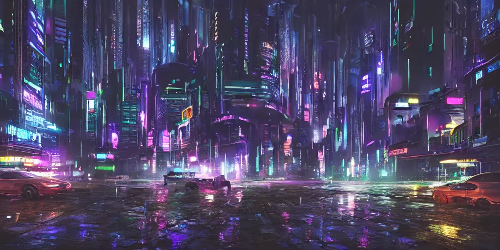 Prompt: a cyberpunk sci-fi city plaza on a rainy night, high definition, high detail, photorealistic, 8k