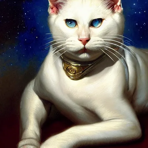 Image similar to a portrait of a manly white cat feline, blue eyes, handsome, attractive, fit, star trek the next generation. highly detailed painting by gaston bussiere, craig mullins, j. c. leyendecker, furry