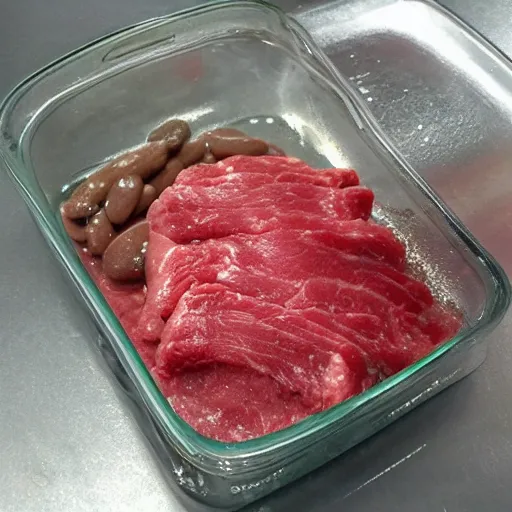 Image similar to raw meat chunks raw beans, mold, android cell phone photo,