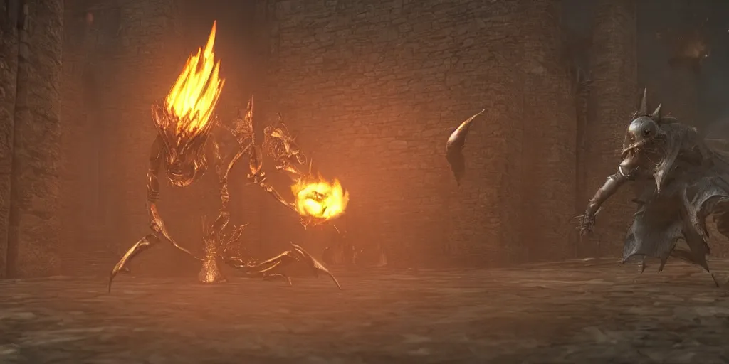 Image similar to minion as a darksouls boss, horror, hd, screenshot,