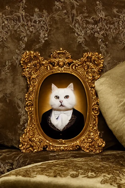 Image similar to a magnificent tintype portrait of a fluffy fat cat on an embroidered velvet cushion on a neo - rococo gilded little bed with precious stones, ball of yarns all around, by david lachapelle, photorealistic, photography, wide shot