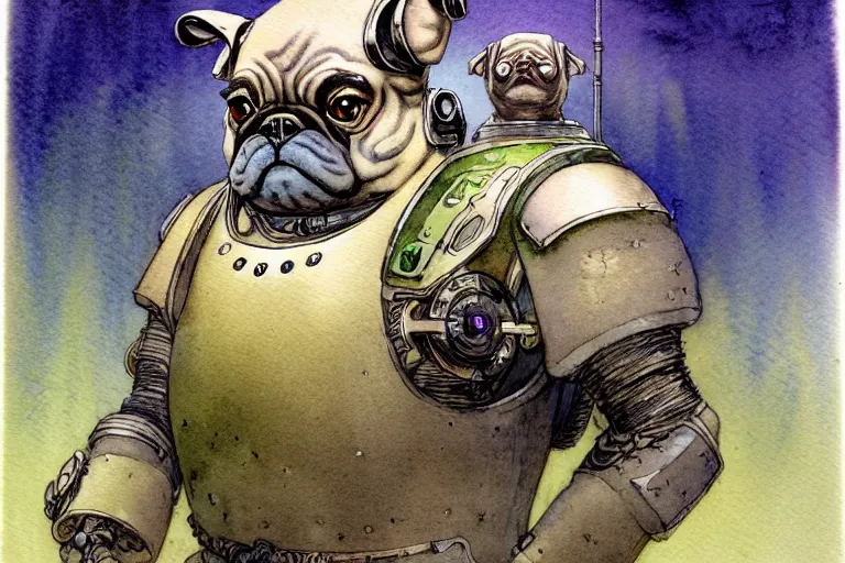 Image similar to a simple and atmospheric watercolour fantasy character concept art portrait of a mechanized android pug as a druidic warrior wizard looking at the camera with an intelligent gaze, very muted colors, by rebecca guay, michael kaluta, charles vess and jean moebius giraud