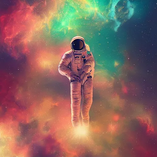 Image similar to portrait of an astronaut floating in a nebula, digital art, detailed