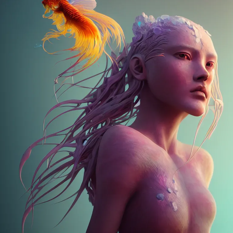 Image similar to goddess full painted acryllic sculpture close-up portrait. orchid bird phoenix jellyfish betta fish, intricate artwork by Tooth Wu and wlop and beeple. octane render, trending on artstation, greg rutkowski very coherent symmetrical artwork. cinematic, hyper realism, high detail, octane render, 8k