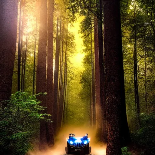 Image similar to amazing landscape photo of an off road buggy with a smiling driver inside inside a forest by marc adamus, beautiful dramatic lighting