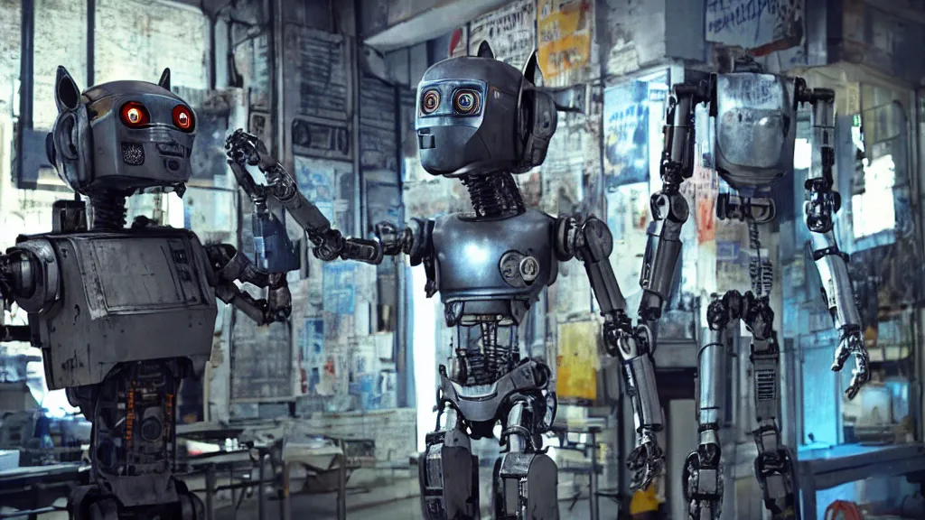 Prompt: film still from the movie chappie of the robot chappie shiny metal outdoor scene bokeh depth of field furry anthro anthropomorphic stylized cat ears head android service droid robot machine fursona