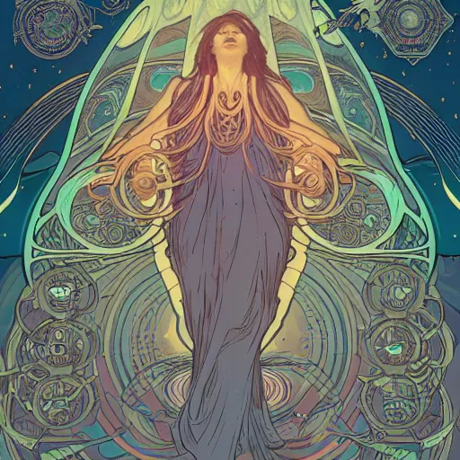 Image similar to a woman leaving her body, astral projection, astral travel, space background, cinematic, detailed, very realistic, by Alphonse Mucha, Moebius, Laurie Greasley