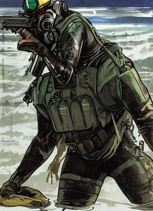 Prompt: Chidi. USN blackops operator emerging from water at the shoreline. Operator wearing Futuristic cyberpunk tactical wetsuit and looking at an abandoned shipyard. Frogtrooper. rb6s, MGS, and splinter cell Concept art by James Gurney, Alphonso Mucha. Vivid color scheme.