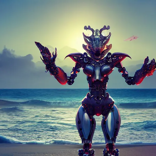 Image similar to a highly detailed full shot of beautiful anthropomorphic robot female dragon, standing and posing elegantly, streamlined mechanical body, with sharp claws on her hands and feet, two arms, two legs, long tail, on the beach, artstation, DeviantArt, professional, octane render, sunset lighting